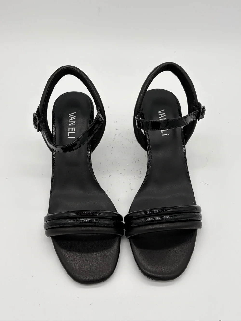 Vaneli Black Twisted Strap Mid-Heel Sandals